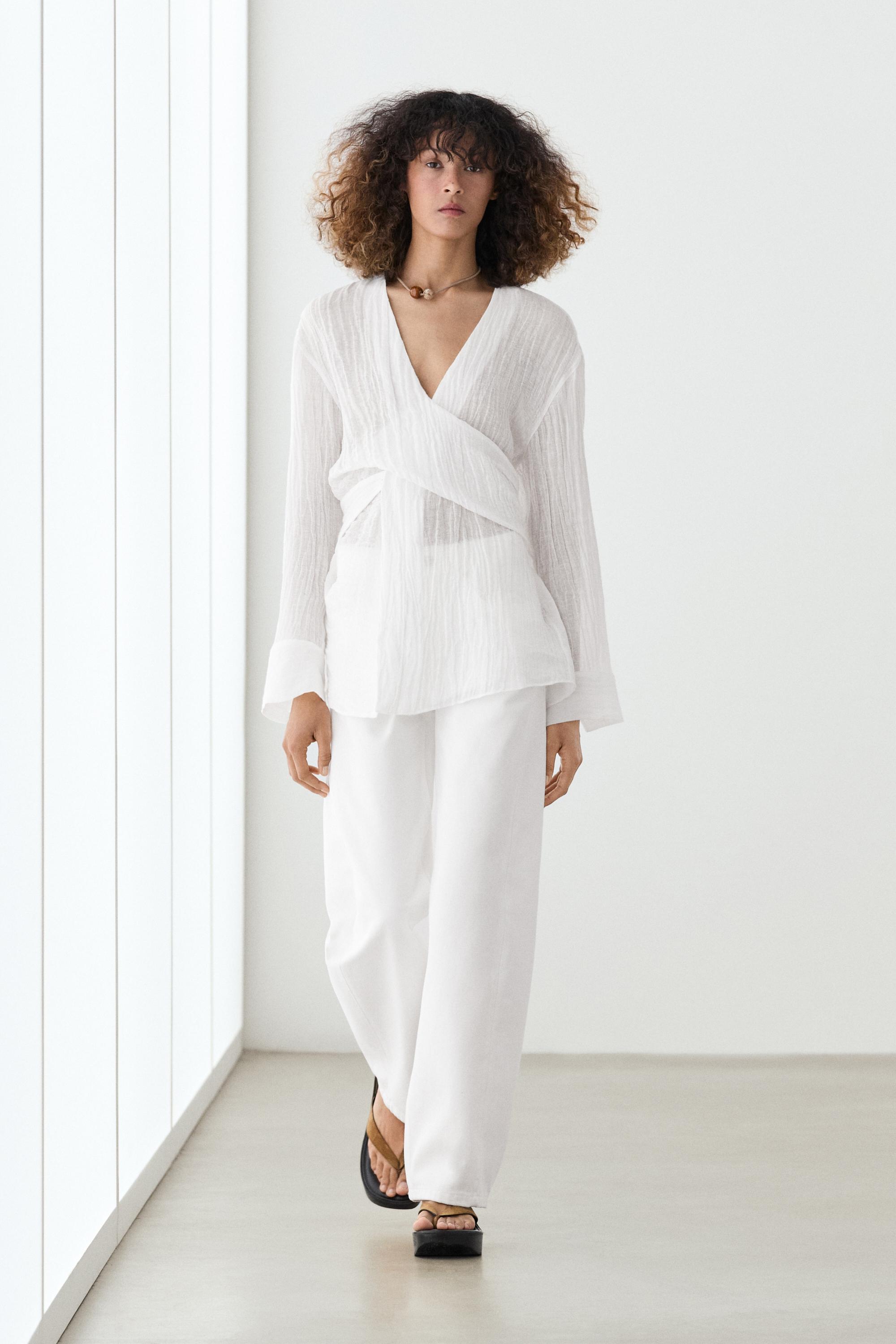Linen blend blouse with sash belt